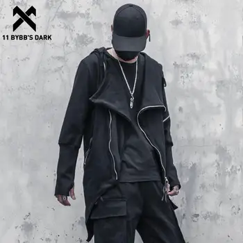11 BYBB'S KOYU Techwear pamuklu ceket Ceket Siyah Düzensiz Fermuar Kapşonlu Ceketler Erkekler Hip Hop Streetwear Harajuku Sonbahar Dış Giyim