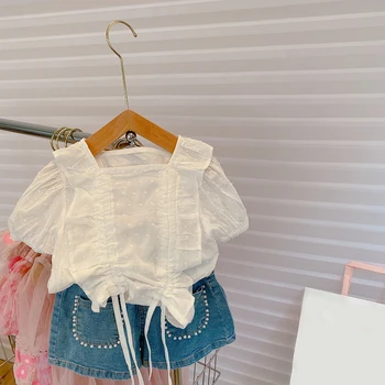 2022 Yaz Yeni Kız giyim setleri İpli Üst + İnci Kot Şort Toddler Bebek Giysileri Takım Elbise Kız Moda Çocuk Kıyafet