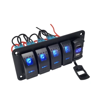 5 Gang LED Rocker Anahtarı Paneli Voltmetre İle 4.2 A Çift USB Rocker Tarzı Hızlı Şarj Araba tekne Su Geçirmez