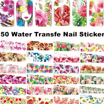 50 yaprak karışık tasarımlar çiçek tam kapak su transferi Nail Art Sticker Çıkartmaları dövme DIY çivi dekorasyon manikür araçları 2018