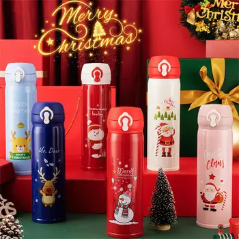500ml Noel Termos Bardak Paslanmaz Çelik vakumlu Su kapaklı şişe Elk Santa Termos Bardak noel hediyesi yılbaşı dekoru