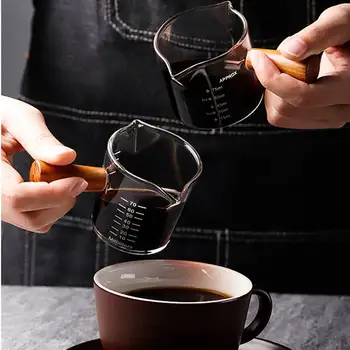 70/75ML Espresso Ölçüm Fincan Çift Kafa Kalınlaşmış Cam Ahşap Saplı espresso fincanı Mini süt kupası 