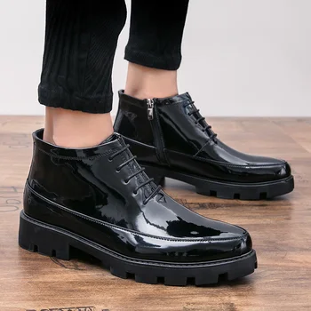 Adam Yüksek Topuklu Rugan Çizmeler Erkekler yüksek kaliteli platform ayakkabılar Siyah kovboy çizmeleri Açık Erkekler Yükseklik Artış Elbise Çizmeler