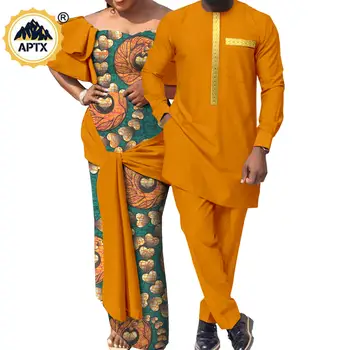 Afrika Giysi Çift Dashiki Afrika Kadınlar Baskı Uzun Elbiseler Maç Erkekler Kıyafetler Bazin gömlekler ve Pantolon Setleri Y22C036