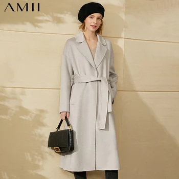 Amii Minimalizm Kış Ceket Yün Moda Katı Yaka %100 % yün Uzun Kadın Ceket Su Dalgalanma Çift taraflı Yün Ceket 12040648