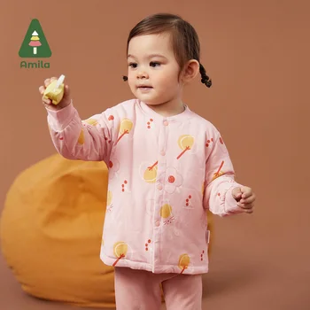 Amila Çocuklar Pamuk 2022 Kış Karikatür Baskı Tam Sevimli Sıcak Ceket Bebek Kız Yuvarlak Boyun Ev Giyim