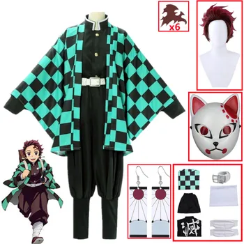 Anime iblis avcısı Kimetsu Hiçbir Yaiba Tanjirou Kamado Cosplay Kostüm Kimono Pelerin Cadılar Bayramı Partisi Anime Elbise Üniforma Seti