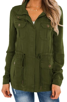 Askeri Ceket Kadınlar Düğme Aşağı İpli Giyim Rahat Bahar Sonbahar Estetik Vintage Streetwear Zip Up Kadın Ceketler