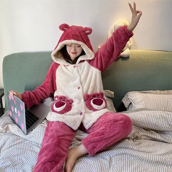 Ayı Cosplay Pijama İki Adet Set Bayan Kız Pijama Seti Kış Sıcak Peluş Pijama Kapşonlu Hayvan Pazen Pijama 2 ADET Set
