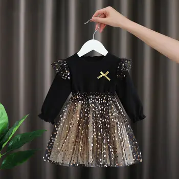 Bahar çocuk Elbiseleri Kızlar için Yıldız Sequins Prenses Elbiseler Kızlar Uzun Kollu Parti Vestidos Bebek Kız Çocuk Giyim