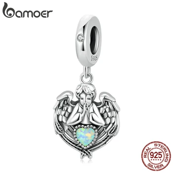 Bamoer Melek Dua Kalp Charm 925 Ayar Gümüş Melek Kolye Fit DIY Yapımı için Bilezik ve Bileklik Gümüş Charm Takı