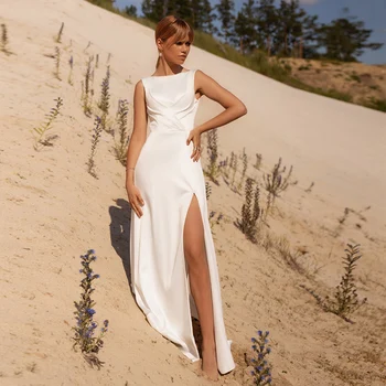 Basit düğün elbisesi Gelin İçin Beyaz Yarık Kolsuz gelin kıyafeti Kadın Artı Boyutu Saten Etek Vestido De Novia 2021 Bir Çizgi Özel