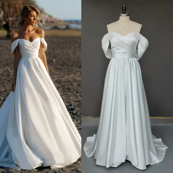 Basit Lüks Saten Kapalı Omuz gelinlikler Artı Boyutu Custom Made Büzgülü Backless Minimalist V Boyun Dantelli Tüp düğün elbisesi