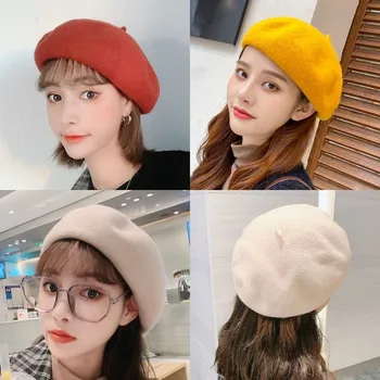 Bayan bahar Kış Bere Şapka Ressam tarzı şapka Kadın Yün Vintage Bere Düz Renk Kapaklar Kadın Kaput Sıcak Yürüyüş Kap