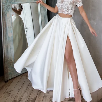 Beyaz Saten Cepler Etek Ayrılabilir Wrap Kat Uzunluk Etek Bölünmüş Yan A-line El Yapımı Gelin Etek Düğün Kokteyl Elbise
