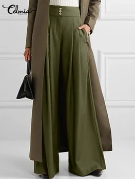 Celmia Moda Uzun Pantolon Kadın Rahat Işyeri Yüksek Bel Geniş Bacak Pantolon Sonbahar Ofis Bayan Pilili Tüm Maç Pantalon