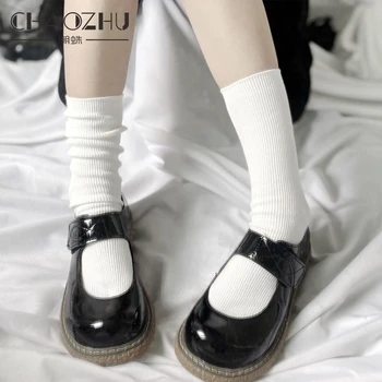CHAOZHU Üniforma Okulu Kızlar Lolita Cosplay Aksesuarları Çorap Kızlar Pamuk Örgü Dantel Üst Gevşek Kaburga Beyaz Jk Sockken Siyah 