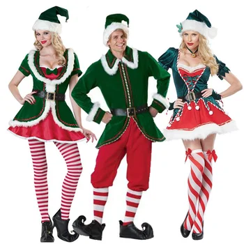 Deluxe Yetişkin Noel Noel Baba Kostüm Yeşil Noel Elf Çift Cosplay Karnaval Macot fantezi parti elbisesi Kıyafet