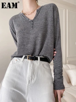 [EEM] Kadınlar Gri Kısa Yüksek Elastik Büyük Boy günlük t-shirt Yeni V Yaka Uzun Kollu Moda Gelgit Bahar Sonbahar 2023 1DF1579