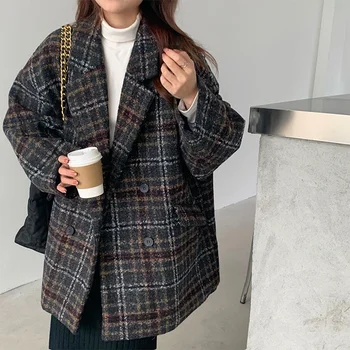 Ekose Yün Ceket Kadın Sonbahar Kış Kore Kruvaze Gevşek Büyük Boy Giyim Ekose Takım Elbise Ceket Kadın Rahat Yün Ceket