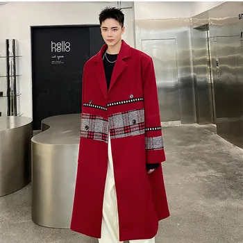 Erkekler Splice Ekose Gevşek Rahat Uzun Yün Rüzgarlık Siper Ceket Erkek Kore Streetwear Vintage Moda Ceket Palto Giyim