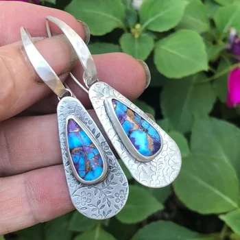 Etnik Su Damlacıkları Mavi Yeşil Taş Boho Küpe Gümüş Renk Metal Oyma Dalları Çiçek Dangle Küpe Kadınlar için