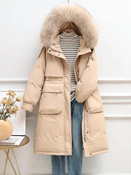 FTLZZ Kış Kadın Aşağı Uzun Ceket Büyük Doğal Kürk Yaka kapüşonlu ceket 90 % Beyaz Ördek Aşağı Parkes Kalın Kar Sıcak Dış Giyim