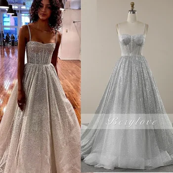 Glitter düğün elbisesi Backless gelinlik Kemikli Bruidsjurken Bir Çizgi Parlak Tül Spagetti Sapanlar Boncuklu Uzun Kuyruk Gelin Törenlerinde