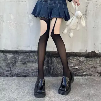 Gotik Asimetrik Çorap Kadın Legging Lolita Delikli Örgü Tayt Japon Dipli Dantel Külotlu Katı File Çorap