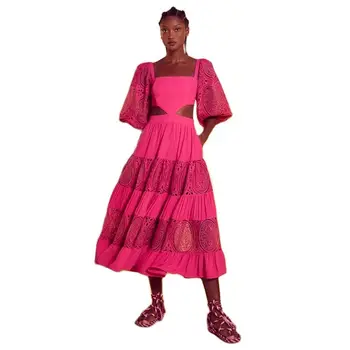 Hecisuz kadın Elbise 2022 Yaz Düz Renk Kare Boyun Puf Kollu uzun elbise Seksi Gösterisi Bel Geri Kayış Tasarım rahat elbise