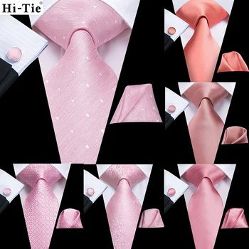 Hi-kravat Şeftali Pembe Katı İpek Düğün Kravat Erkekler İçin Hediye erkek Kravat Hanky Kol Düğmeleri Moda Tasarımcısı İş Parti Dropshipping