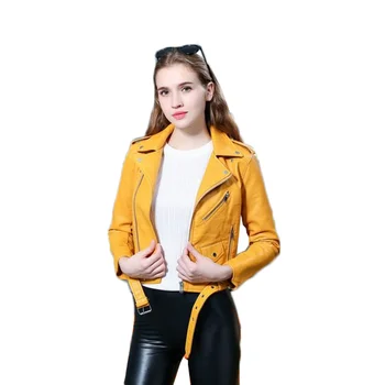 Ilkbahar Sonbahar Motosiklet deri ceketler Kadın Kısa PU Deri Ceket Kadın Yumuşak Suni Deri Biker Ceket Kadın Sarı Mavi 59