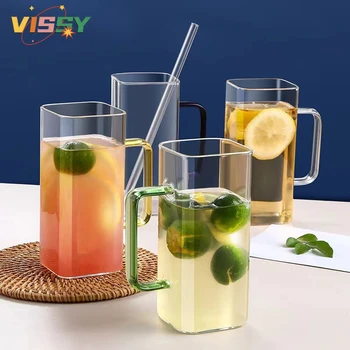 Isıya Dayanıklı Kare Cam Renkli Saplı Moda çay bardağı meyve suyu fincanı Mikrodalga El Yapımı Drinkware Ev Buz Kahve