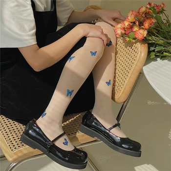 Kadın Kızlar Mavi Baskı Külotlu Yaz See-Through Ultra İnce İpeksi Tayt Japon Dikişsiz Çoraplar