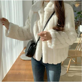 Kadın tavşan kürk ceket 2022 kış sıcak Beyaz rahat faux kürk Ceket uzun kollu büyük boy Yapay kürk Palto kadın