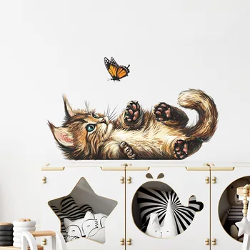 Karikatür Kedi Kelebek Oyun Duvar Sticker Çocuk Odası Yatak Odası Dekorasyon Duvar Banyo Duvar Kağıdı Ev Dekor Sevimli Yavru Çıkartmalar