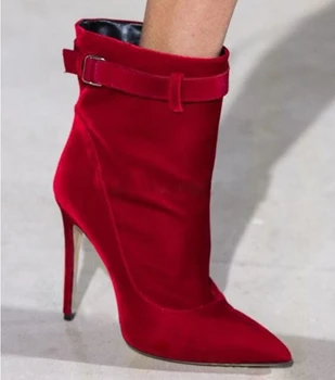 Katı Kırmızı / Siyah Kadife Stiletto Yüksek Topuklu yarım çizmeler Bayan Sivri Burun Ayak Bileği Kayışı Ayakkabı Kadın Ayak Bileği Toka Kemer Slip-on ayakkabılar