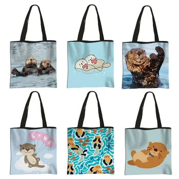 Kawaii Deniz Samuru Baskı Kadın omuz çantaları Bayanlar Eğlence Tote Çanta Sevimli Kız Çanta Kullanımlık Tuval alışveriş çantası Hediye