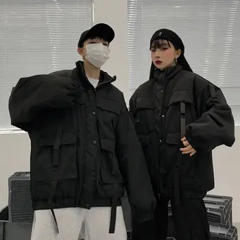 Kore Streetwear Harajuku Çift Parkas Ceket Büyük Boy Kış Cepler Kalınlaşmak Kadın Ceketler Vintage Erkek Mont Casual Dış Giyim