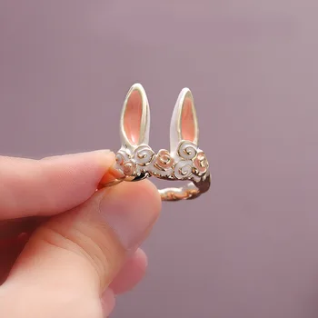 Kore Tatlı Sevimli Tavşan Açık Yüzükler Kadınlar Çocuklar İçin Güzel Hayvan Kulak Kuyruk Parmak Yüzük Düğün Parti Takı Kız Hediyeler Anillo