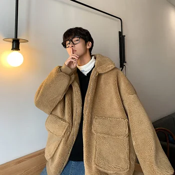 Kuzu Yün Erkek Kış Ceket Büyük Boy Düz Renk Kore Tarzı Erkek Ceket Moda Sıcak Harajuku Streetwear Erkek Giyim