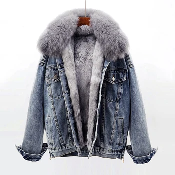 Kış Sıcak Denim Ceket Kadın Tilki Kürk Yaka + Çıkarılabilir Tavşan Kürk Astar Kot Ceket Ceket Gevşek Dış Giyim Kadın Chaqueta Mujer