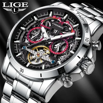 LIGE Mekanik saatler kronograf saat Erkekler için Otomatik erkek Saatler Lüks Orijinal Marka Paslanmaz Çelik Tourbillon Saat