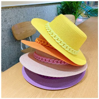 Macaron renk hasır şapka güneş şapkası düz üst Kore moda renk zinciri silindir şapka akrilik plaj şapkası şeker renk güneş şapkası