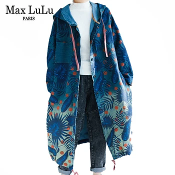 Max LuLu Avrupa 2021 Sonbahar Tasarım Bayanlar Denim Baskılı Siper Kadın Kapşonlu Uzun Elbise Kadın Rahat Büyük Boy Rüzgarlık