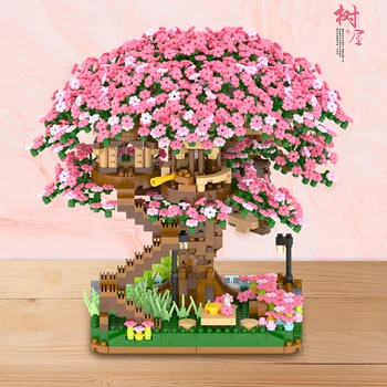 Mini Sakura Ağaç Ev Blokları DIY Bitki Çiçek Ağaç Ev Kiraz Çiçeği Tren İstasyonu Mikro tuğla oyuncaklar Yetişkinler İçin Tatil Hediyeler
