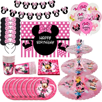 Minnie Mouse Doğum Günü Partisi Süslemeleri Tek Kullanımlık Sofra Kağıt Bardak Tabak Balon Daha Fazla Çocuklar Kızlar için Parti Dekor Malzemeleri