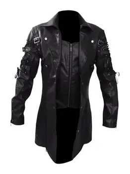 Moda Siyah Pu Deri Trençkot Erkekler Kış Gotik Steampunk Deri Motosiklet Ceket Erkek Dış Giyim AB Boyutu XXXXXL