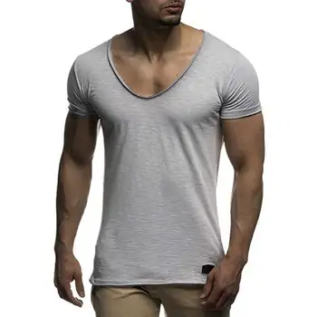 NO.2-6935 Yeni varış derin V boyun kısa kollu erkek t gömlek slim fit t-shirt erkekler ınce üst tee rahat yaz tshirt camisetas