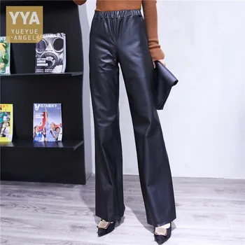 Ofis Bayanlar Uzatmak İnek Derisi Hakiki deri pantolon Kadın Elastik Bel Slim Fit Düz Pantolon Casual Streetwear Pantolon 5XL